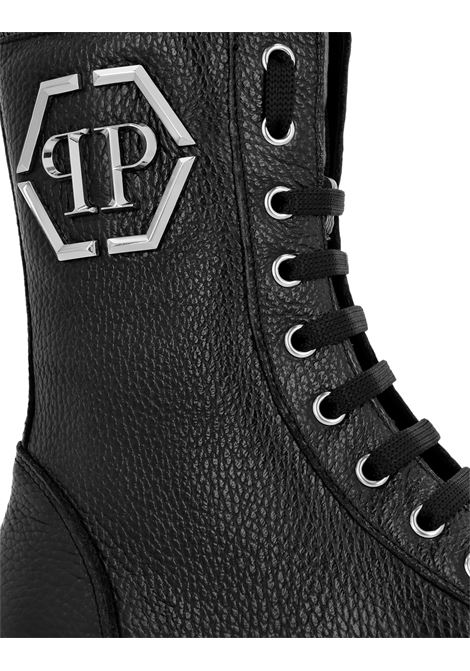 Black Embossed Leather Boots Mid Flat PHILIPP PLEIN | FADSWSE0811PLE010N02