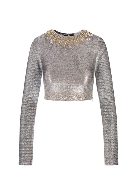 Silver Lame' Crop Top With Studs RABANNE | 24AJT0877VI0369P040