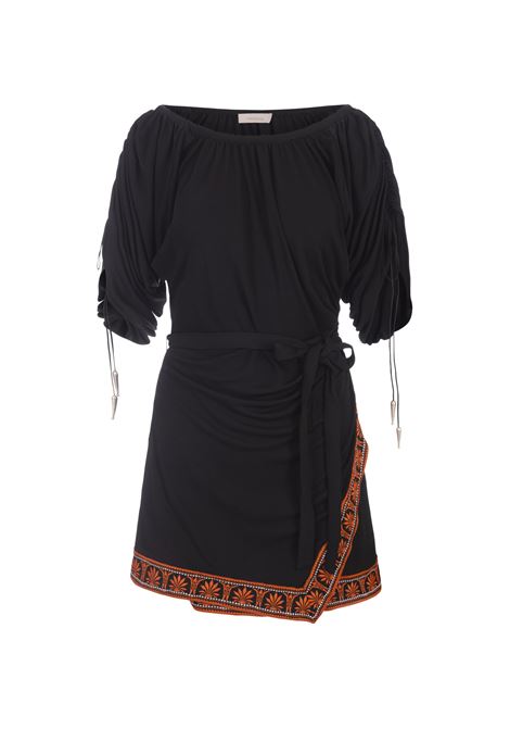 Black Short Dress With Bare Shoulders and Printed Hemline RABANNE | 24FJR0799VI0367P001