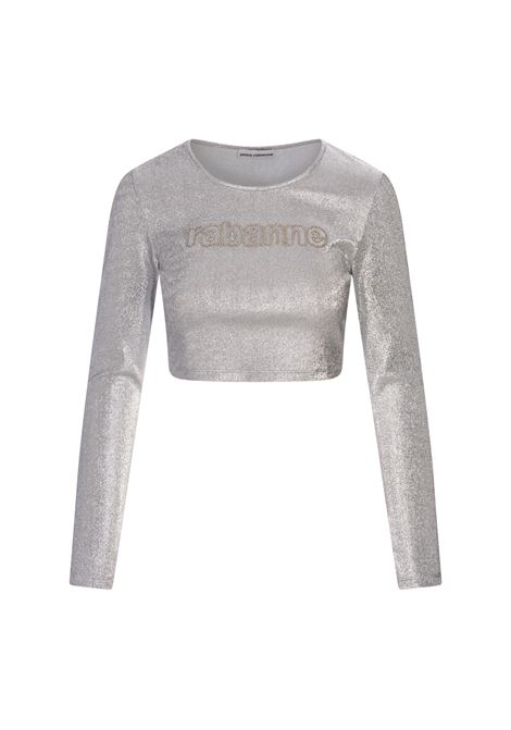 RABANNE Top Crop Argentato A Maniche Lunghe Con Logo - RABANNE