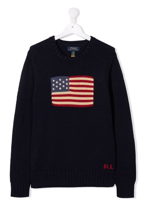 Blue Sweater With Flag and Monogram RALPH LAUREN KIDS | 322-668285001