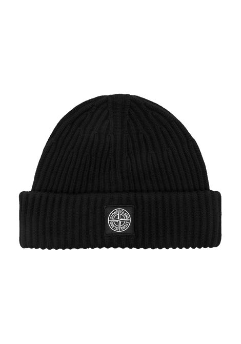 Black Ribbed Wool Beanie With Logo STONE ISLAND | 8115N22C3V0029