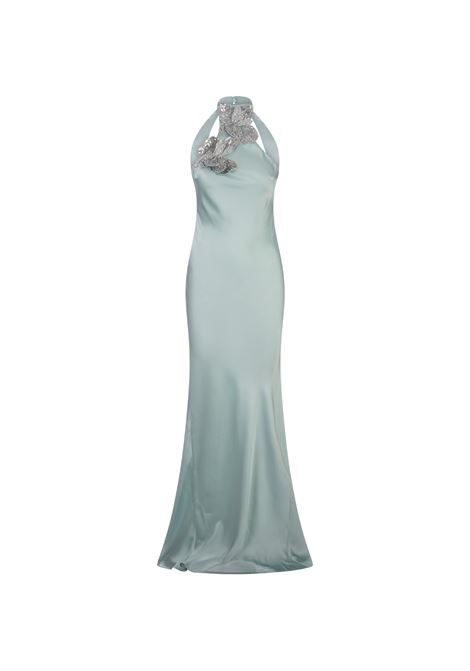 Long Dress In Aqua Satin With Floral Application AMEN | ACS24518C13