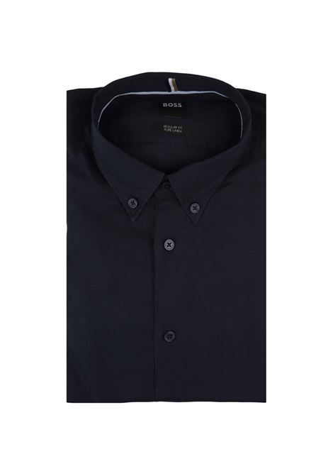 Camicia Regular Fit In Lino Blu Con Colletto Button-Down BOSS | 50513849404