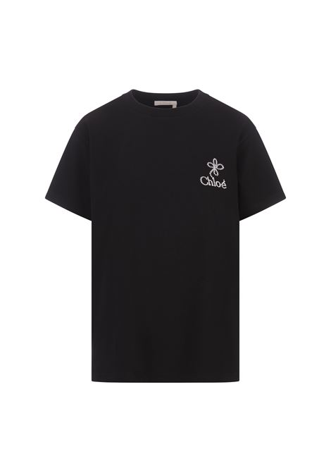 T-Shirt Nera Con Logo e Ricamo Floreale CHLOÉ | C24UJH01184001
