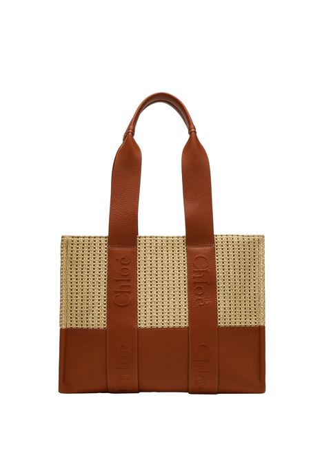 Woody Medium Tote Bag In Leather and Raffia With Embroidered Logo CHLOÉ | C24US383N55247