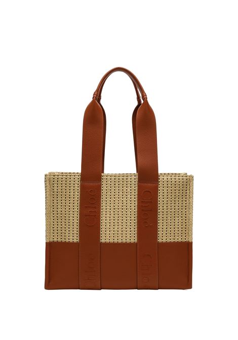 Woody Medium Tote Bag In Leather and Raffia With Embroidered Logo CHLOÉ | C24US383N55247