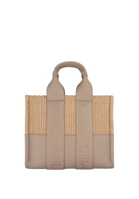 Borsa Tote Woody Piccola In Pelle e Rafia Con Logo Ricamato CHLOÉ | C24US397M94083