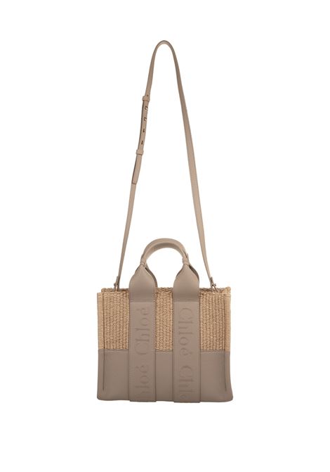 Borsa Tote Woody Piccola In Pelle e Rafia Con Logo Ricamato CHLOÉ | C24US397M94083