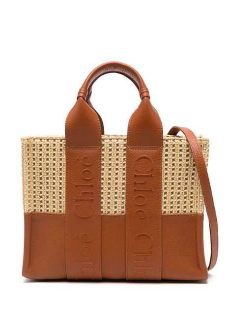 CHLOÉ Borsa Tote Woody Piccola In Pelle e Rafia Con Logo ricamato - CHLOÉ