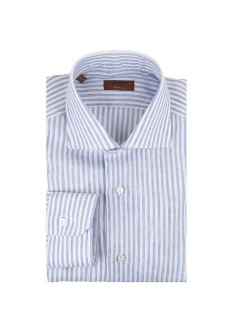 Light Blue and White Striped Linen Slim Fit Shirt BARBA | I1U13P0140075.U0002