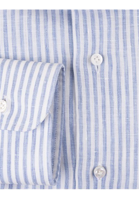 Light Blue and White Striped Linen Slim Fit Shirt BARBA | I1U13P0140075.U0002