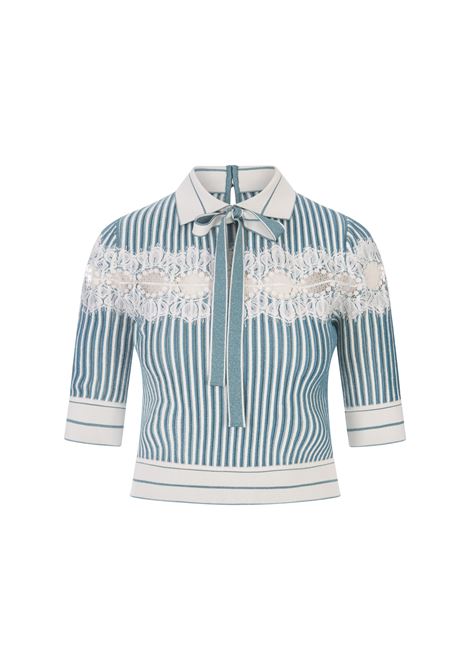 Polo Shirt in White and Blue Gin Knit and Lace ELIE SAAB | TO045NS24VI001BLUE GIN ON POWDER WHITE
