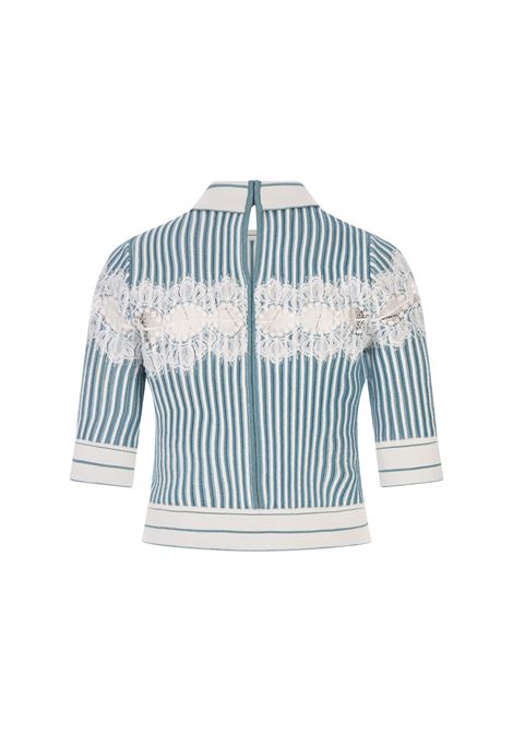Polo Shirt in White and Blue Gin Knit and Lace ELIE SAAB | TO045NS24VI001BLUE GIN ON POWDER WHITE