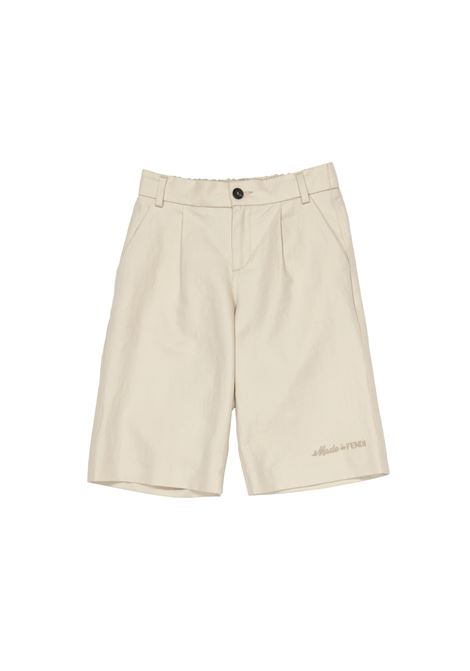 Beige Linen and Cotton Bermuda Shorts With Embroidery FENDI KIDS | JMF474-AQTTF1NY8