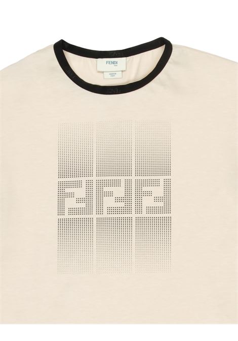 Beige T-Shirt With Rhinestone Monogram FENDI KIDS | JMI455-7AJF1NY8