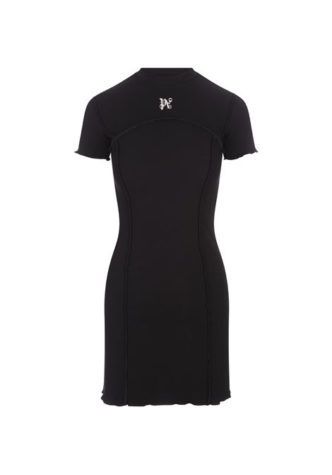 Black Ribbed Short Dress With Monogram Logo PALM ANGELS | PWDB055S24FAB0011003