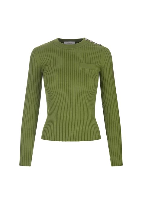 Green Ribbed Cotton Crew-Neck Sweater  RABANNE | 24PMPU258ML0268P395