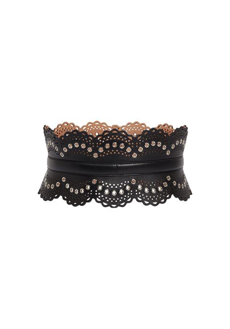 Black Perforated Leather Bustier Belt With Eyelets ALAIA | AA1C082GCA274999