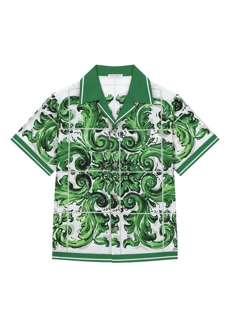 Camicia In Popeline Con Stampa Maiolica Verde DOLCE & GABBANA KIDS | Camicie | L44S10-FI5JOH65DQ