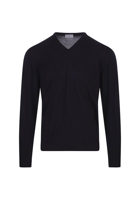 Navy Blue Wool V-Neck Pullover FEDELI | 070116