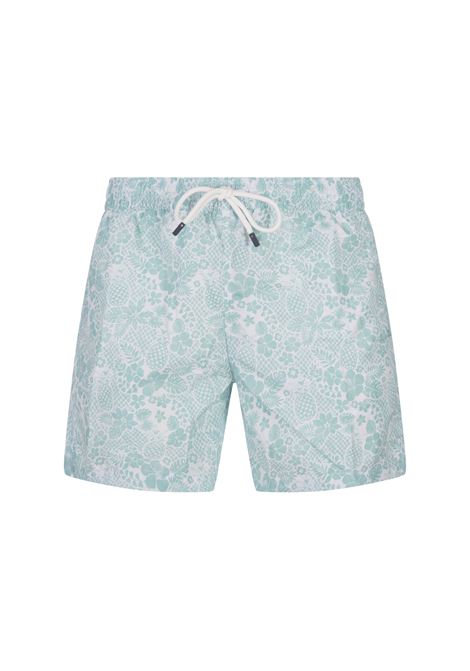 Aqua Green Swim Shorts With Tropical Pattern FEDELI | 00318-C0993510