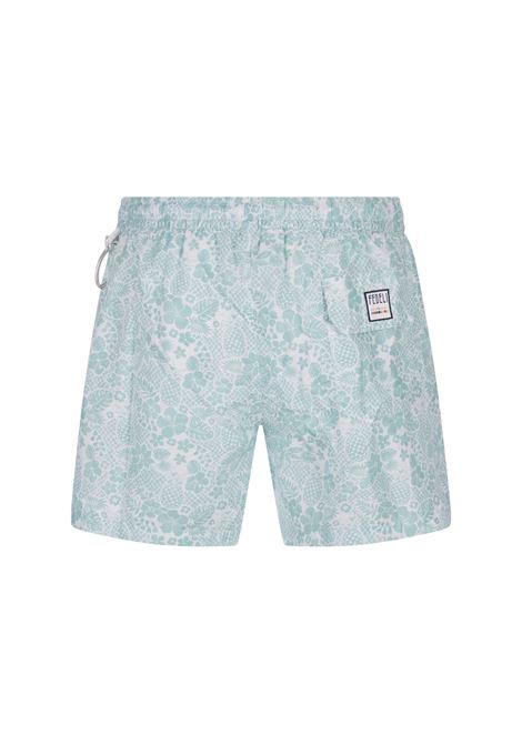 Aqua Green Swim Shorts With Tropical Pattern FEDELI | 00318-C0993510