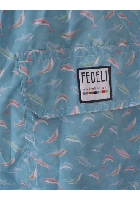 Light Blue Swim Shorts With Multicolour Dolphin Pattern FEDELI | 00318-C100924