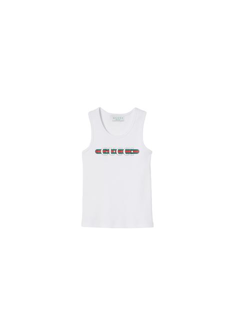 Canotta a Coste Bianca Con Stampa Gucci Web GUCCI KIDS | Tops | 808717-XJG0X9214