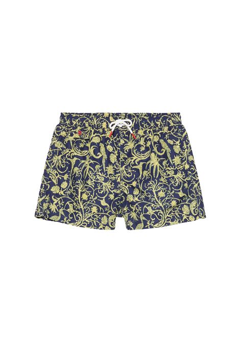 Navy Blue Swim Shorts With Yellow Fantasy KITON | UCOM2CK0746F01/003