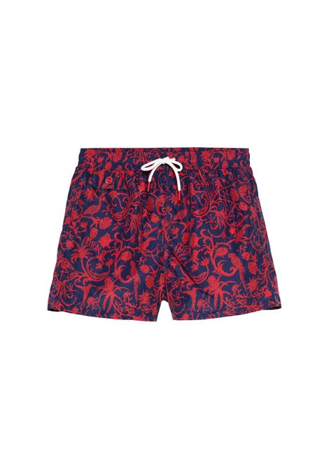 Navy Blue Swim Shorts With Red Fantasy KITON | Swimwear | UCOM2CK0746F02/00B