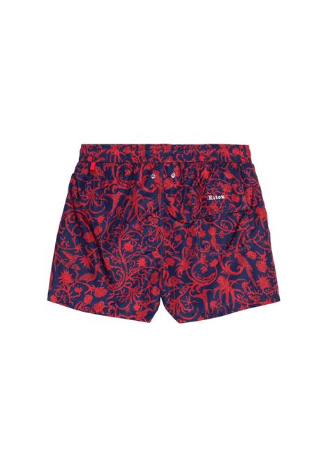 Navy Blue Swim Shorts With Red Fantasy KITON | UCOM2CK0746F02/00B