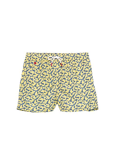 Blue Swim Shorts With Leaf Pattern KITON | UCOM2CK0748F77/001